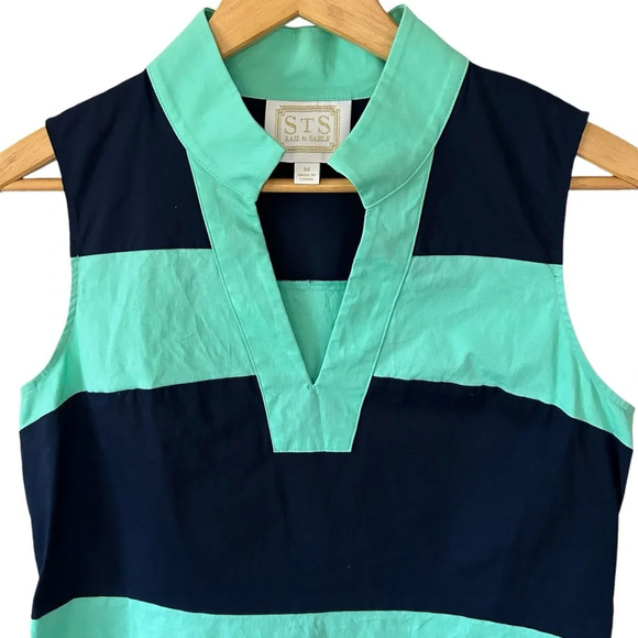 STS Sail to Stable Dress Rugby Stripe Navy Blue Teal Green Preppy Tenniscore Med - Picture 2 of 8